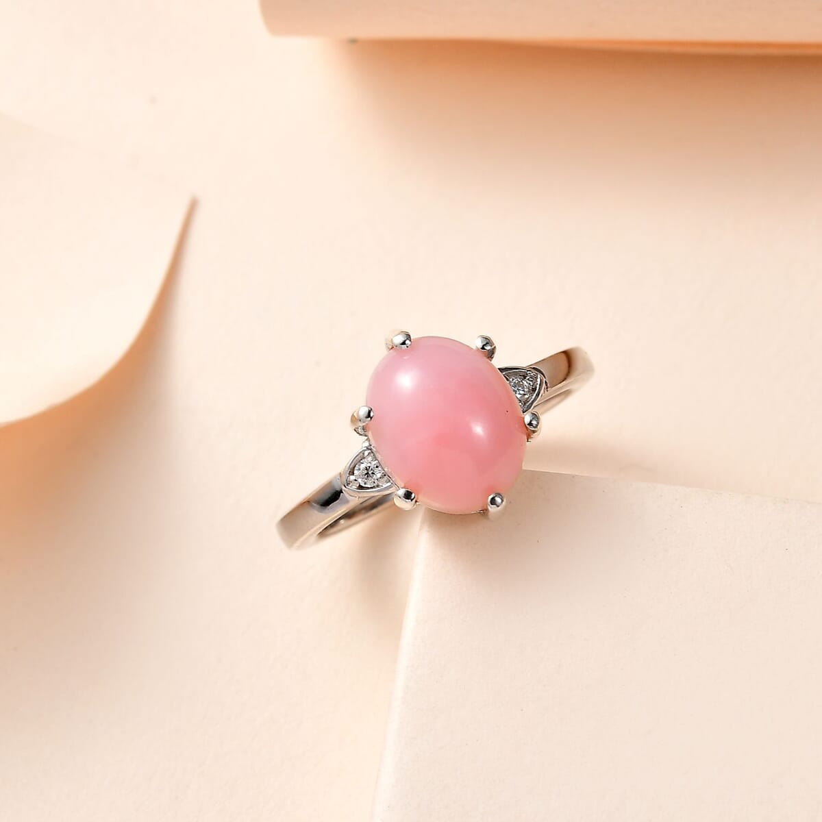 Peruvian Pink Opal and Moissanite Ring in Platinum Over Sterling Silver (Size 6.0) 2.35 ctw image number 1
