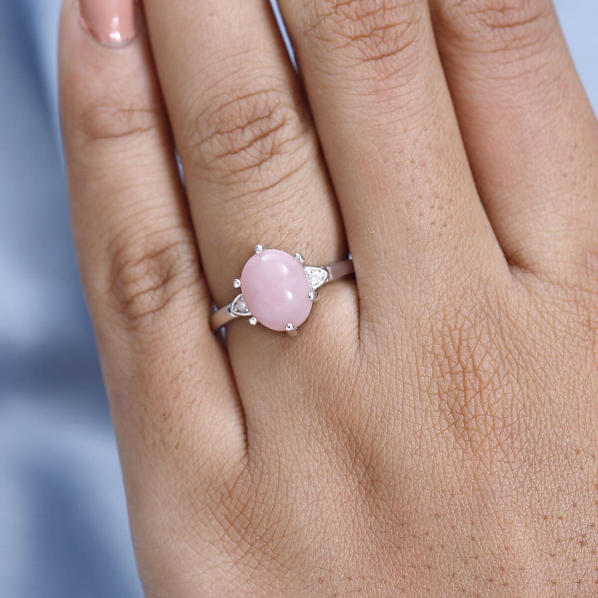 Peruvian Pink Opal and Moissanite Ring in Platinum Over Sterling Silver (Size 6.0) 2.35 ctw image number 2