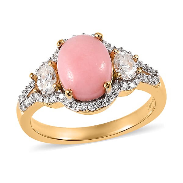 Peruvian Pink Opal and Moissanite Ring in Vermeil Yellow Gold Over Sterling Silver (Size 6.0) 2.15 ctw