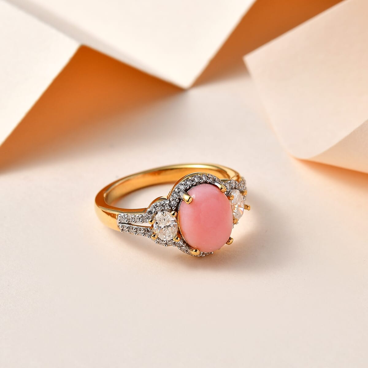 Peruvian Pink Opal and Moissanite Ring in Vermeil Yellow Gold Over Sterling Silver 2.15 ctw image number 1