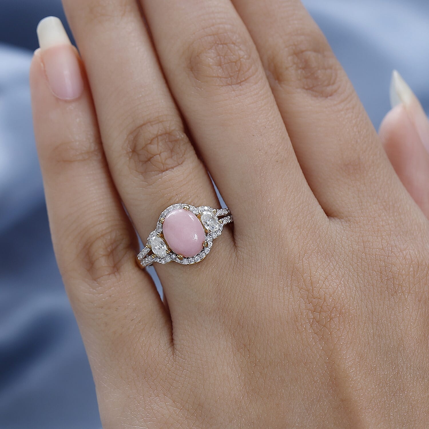 Peruvian Pink Opal and Moissanite Ring in Vermeil Yellow Gold Over Sterling Silver (Size 6.0) 2.15 ctw