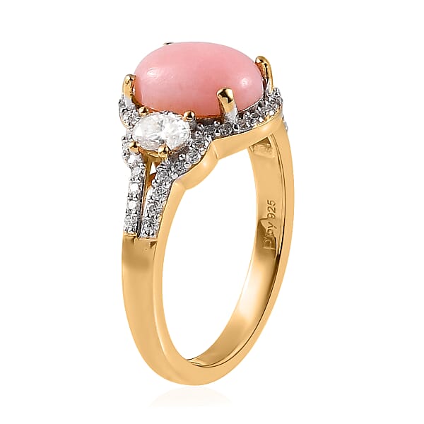 Peruvian Pink Opal and Moissanite Ring in Vermeil Yellow Gold Over Sterling Silver (Size 6.0) 2.15 ctw