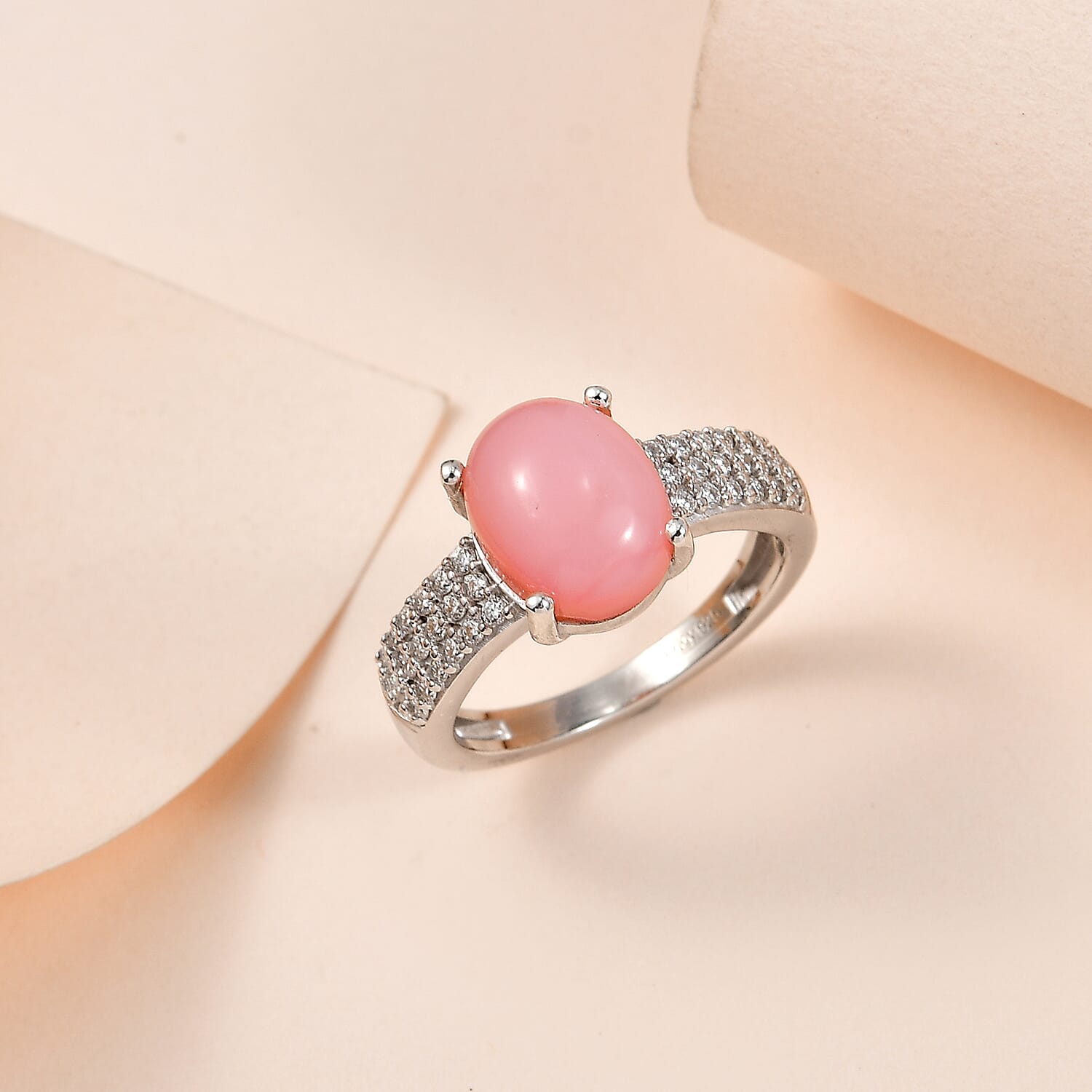 Peruvian Pink Opal and Moissanite Ring in Platinum Over Sterling Silver (Size 6.0) 2.75 ctw