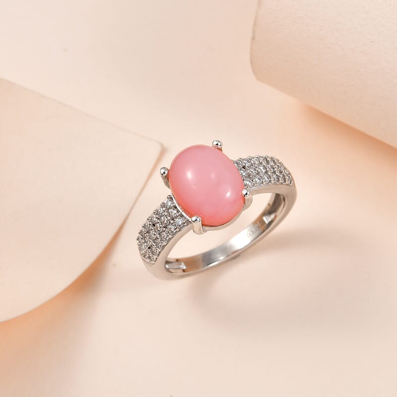 Peruvian Pink Opal and Moissanite Ring in Platinum Over Sterling Silver (Size 6.0) 2.75 ctw
