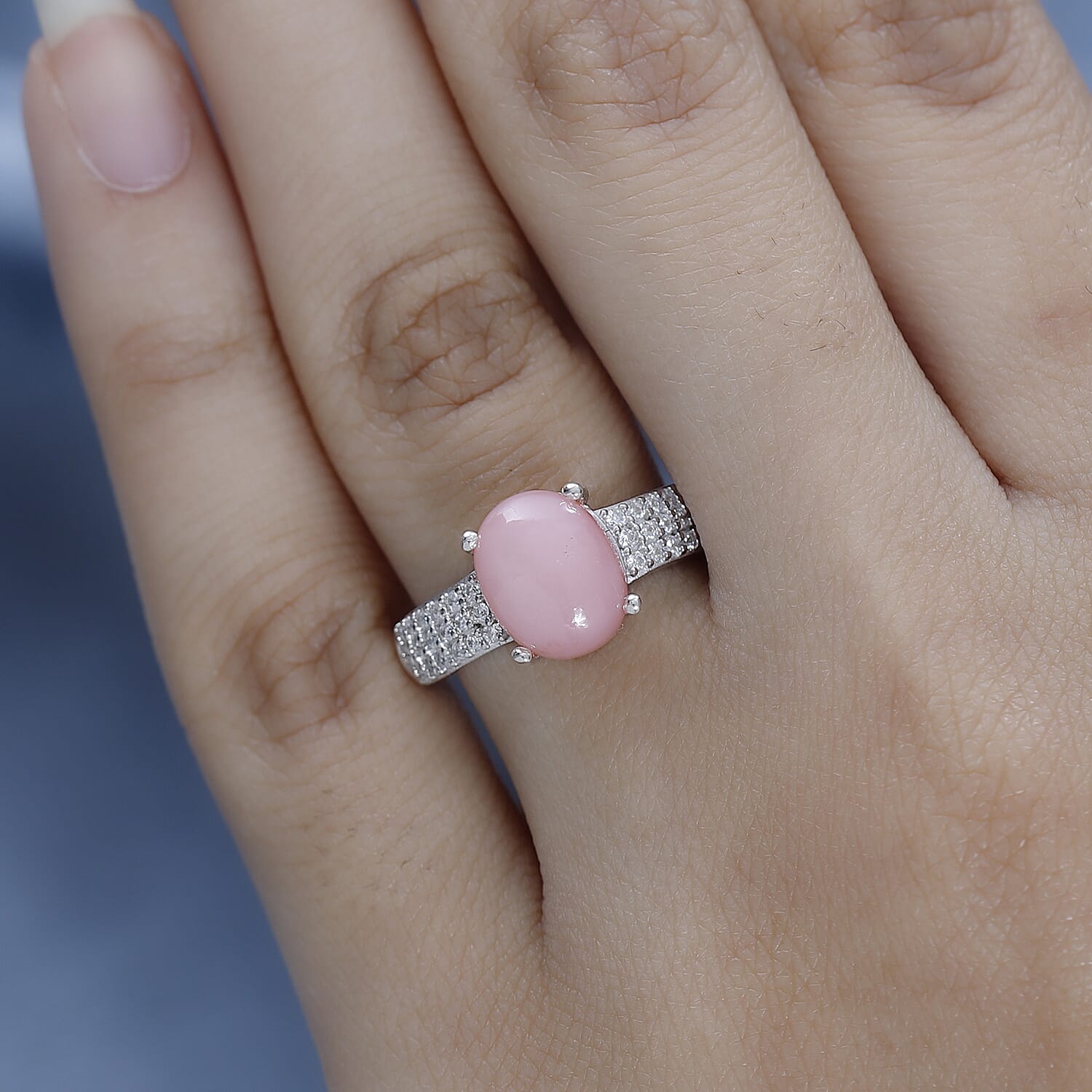 Peruvian Pink Opal and Moissanite Ring in Platinum Over Sterling Silver (Size 6.0) 2.75 ctw