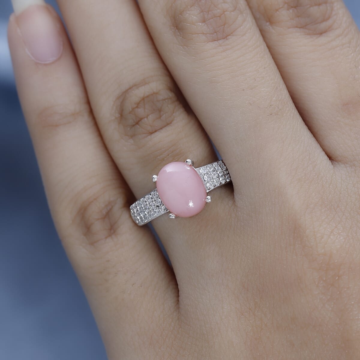 Peruvian Pink Opal, Moissanite Ring in Platinum Over Sterling Silver (Size 6.0) 2.75 ctw image number 2
