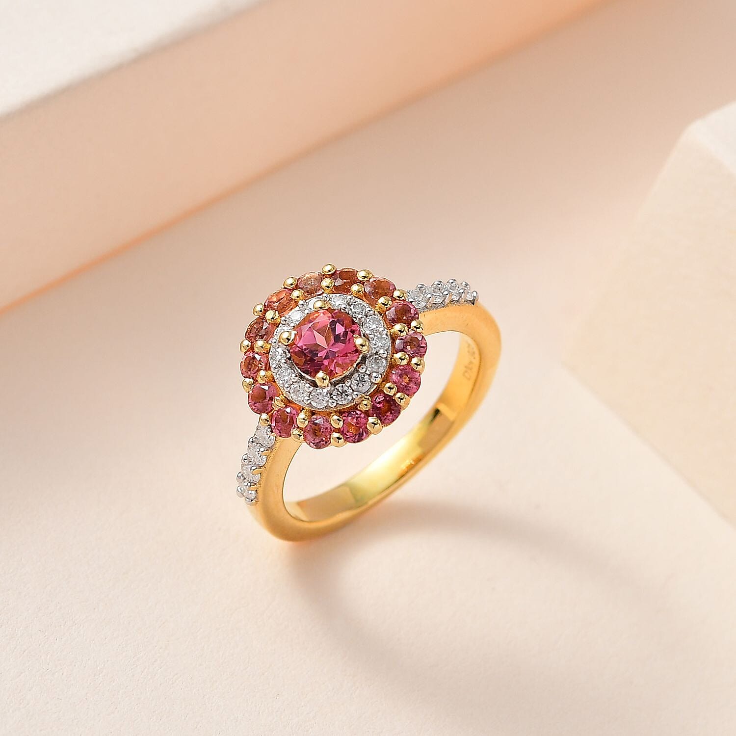 Morro Redondo Pink Tourmaline and Moissanite Floral Cocktail Statement Ring in Vermeil Yellow Gold Over Sterling Silver (Size 5.0) 1.15 ctw