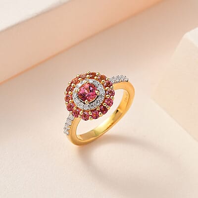 Morro Redondo Pink Tourmaline and Moissanite Floral Cocktail Statement Ring in Vermeil Yellow Gold Over Sterling Silver (Size 5.0) 1.15 ctw