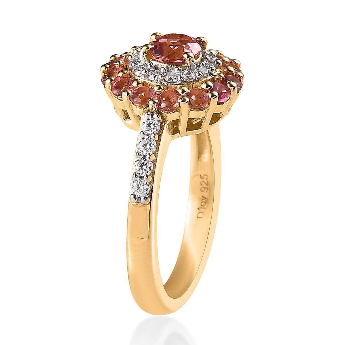 Morro Redondo Pink Tourmaline and Moissanite Floral Cocktail Statement Ring in Vermeil Yellow Gold Over Sterling Silver (Size 5.0) 1.15 ctw