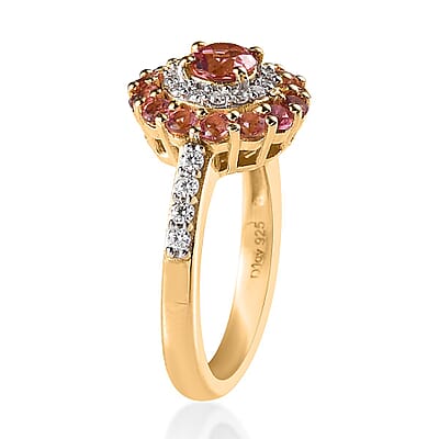 Morro Redondo Pink Tourmaline and Moissanite Floral Cocktail Statement Ring in Vermeil Yellow Gold Over Sterling Silver (Size 5.0) 1.15 ctw