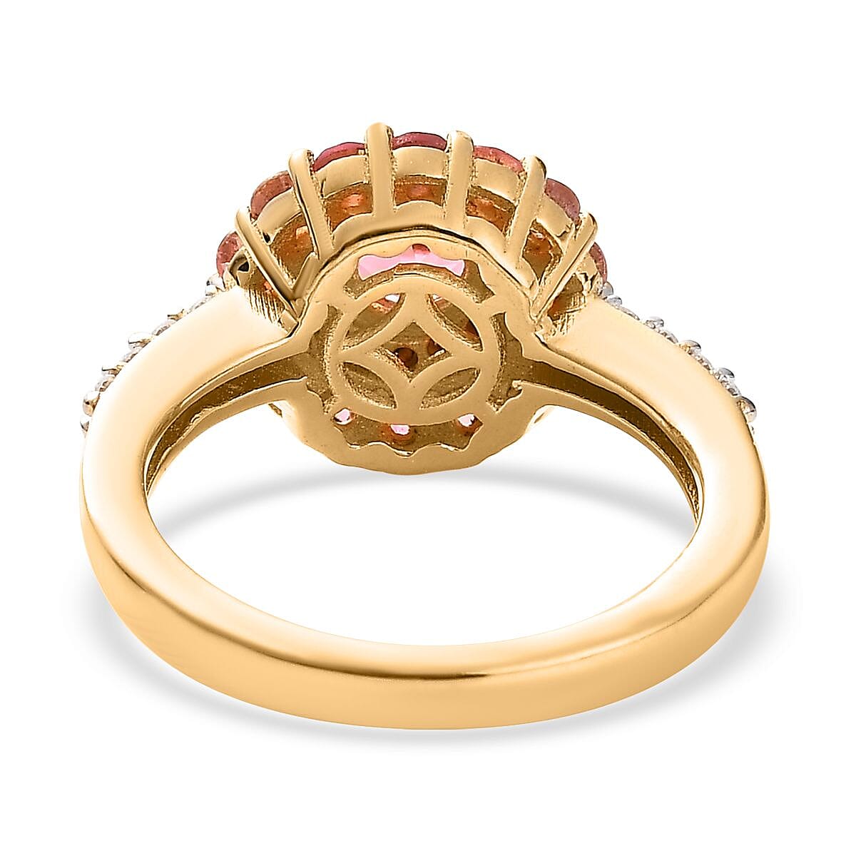 Morro Redondo Pink Tourmaline and Moissanite Floral Cocktail Statement Ring in Vermeil Yellow Gold Over Sterling Silver (Size 5.0) 1.15 ctw