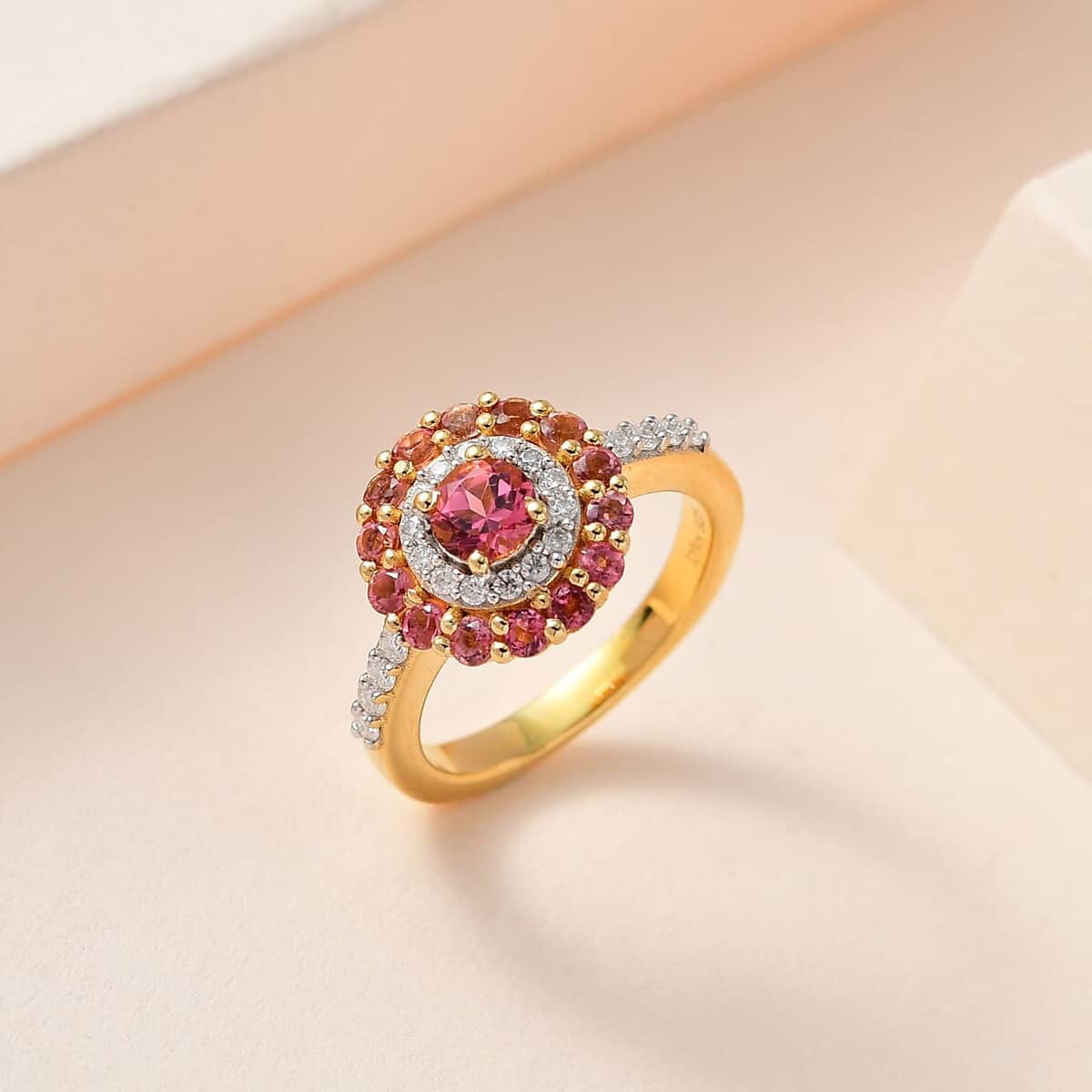 Morro Redondo Pink Tourmaline and Moissanite Floral Cocktail Statement Ring in Vermeil Yellow Gold Over Sterling Silver (Size 8.0) 1.15 ctw image number 1