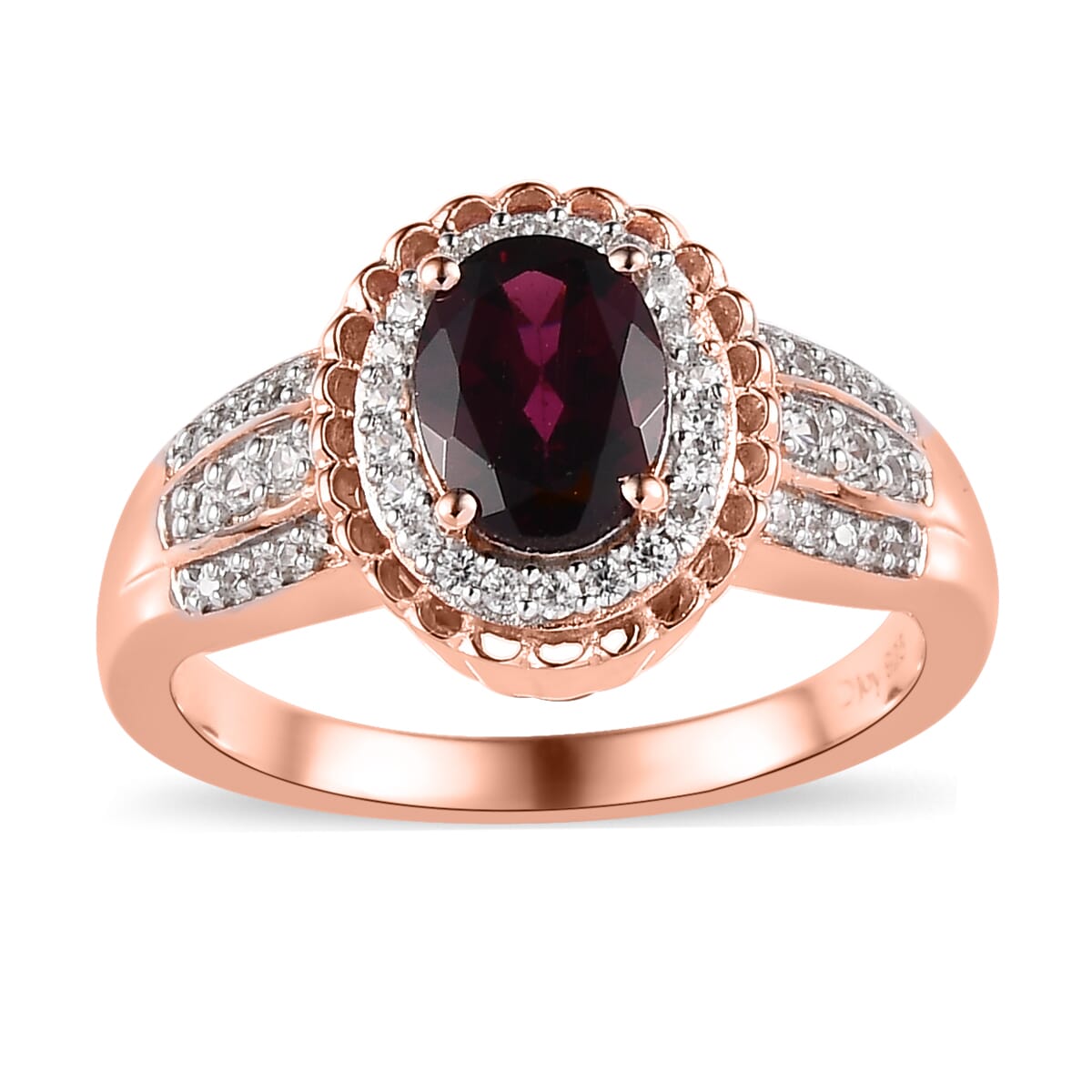 Tanzanian Rhodolite Garnet and White Zircon Halo Ring in Vermeil Rose Gold Over Sterling Silver 1.85 ctw image number 0