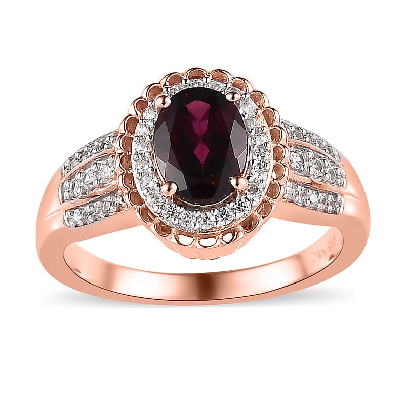 Tanzanian Rhodolite Garnet and White Zircon Halo Ring in Vermeil Rose Gold Over Sterling Silver (Size 10.0) 1.85 ctw