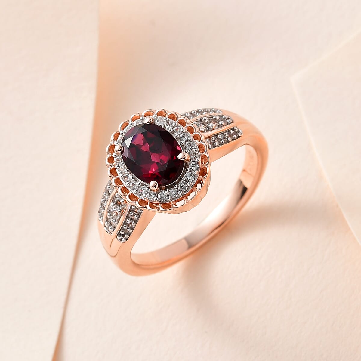 Tanzanian Rhodolite Garnet and White Zircon Halo Ring in Vermeil Rose Gold Over Sterling Silver 1.85 ctw image number 1