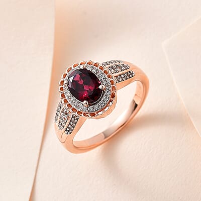 Tanzanian Rhodolite Garnet and White Zircon Halo Ring in Vermeil Rose Gold Over Sterling Silver (Size 10.0) 1.85 ctw