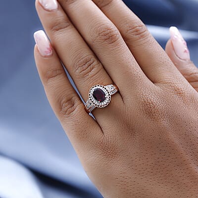 Tanzanian Rhodolite Garnet and White Zircon Halo Ring in Vermeil Rose Gold Over Sterling Silver (Size 10.0) 1.85 ctw