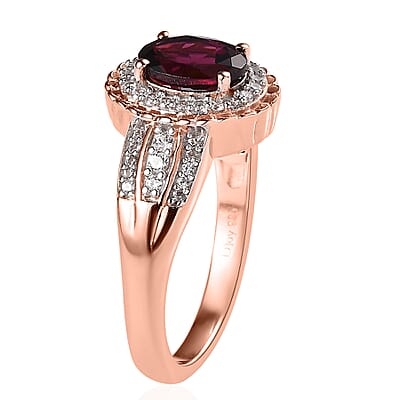 Tanzanian Rhodolite Garnet and White Zircon Halo Ring in Vermeil Rose Gold Over Sterling Silver (Size 10.0) 1.85 ctw