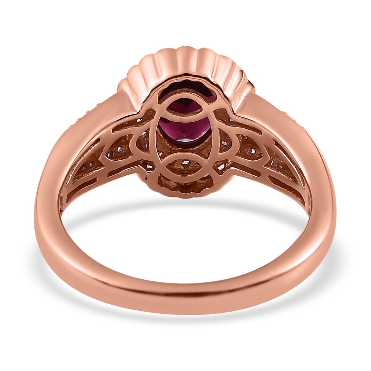Tanzanian Rhodolite Garnet and White Zircon Halo Ring in Vermeil Rose Gold Over Sterling Silver 1.85 ctw image number 4