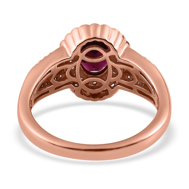 Tanzanian Rhodolite Garnet and White Zircon Halo Ring in Vermeil Rose Gold Over Sterling Silver (Size 10.0) 1.85 ctw