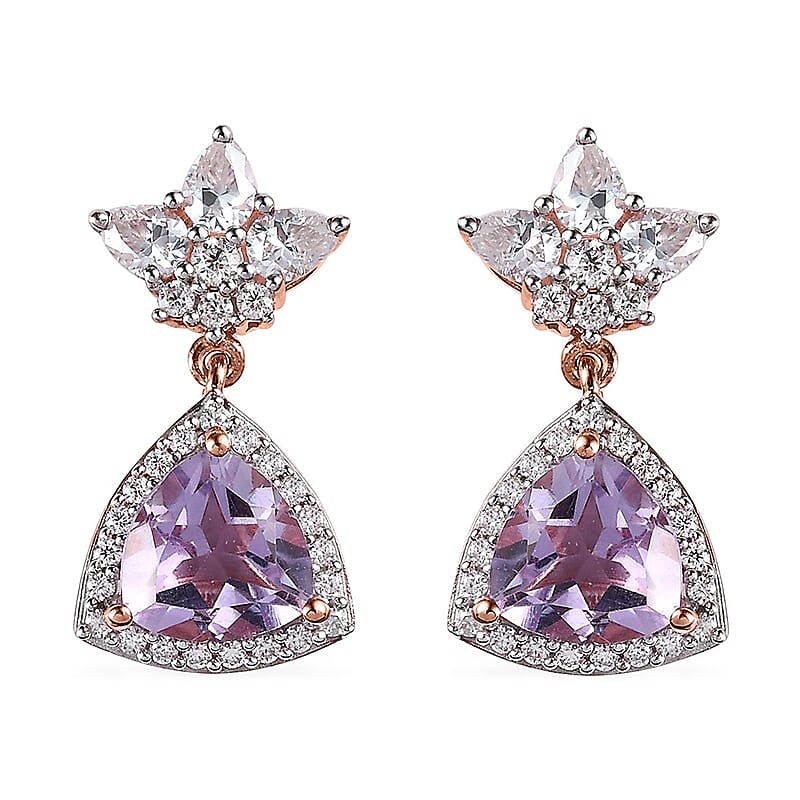Rose De France Amethyst and Moissanite Floral Statement Drop Earrings in Vermeil Rose Gold Over Sterling Silver 4.75 ctw