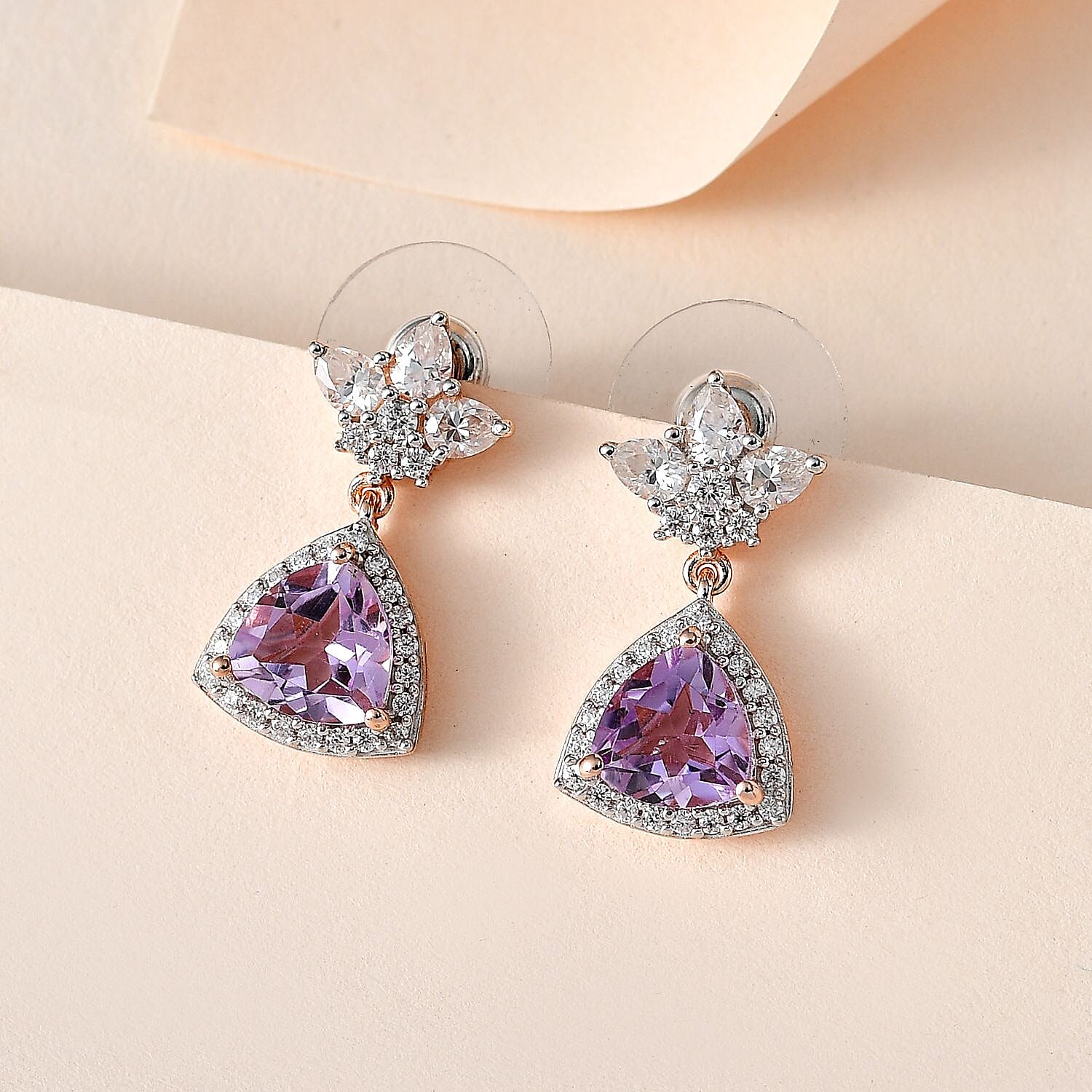 Rose De France Amethyst and Moissanite Floral Statement Drop Earrings in Vermeil Rose Gold Over Sterling Silver 4.75 ctw