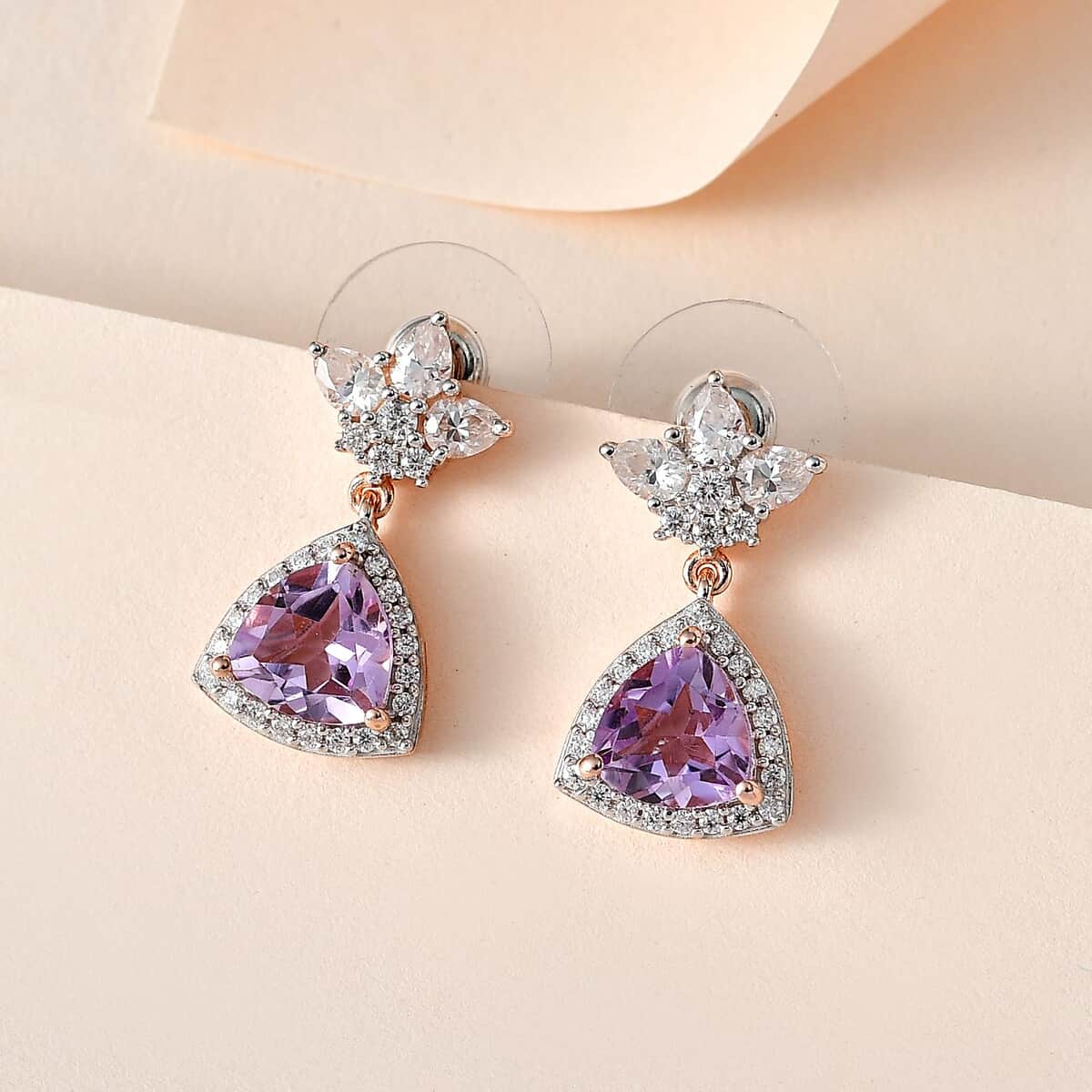 Rose De France Amethyst and Moissanite Floral Statement Drop Earrings in Vermeil Rose Gold Over Sterling Silver 4.75 ctw image number 1