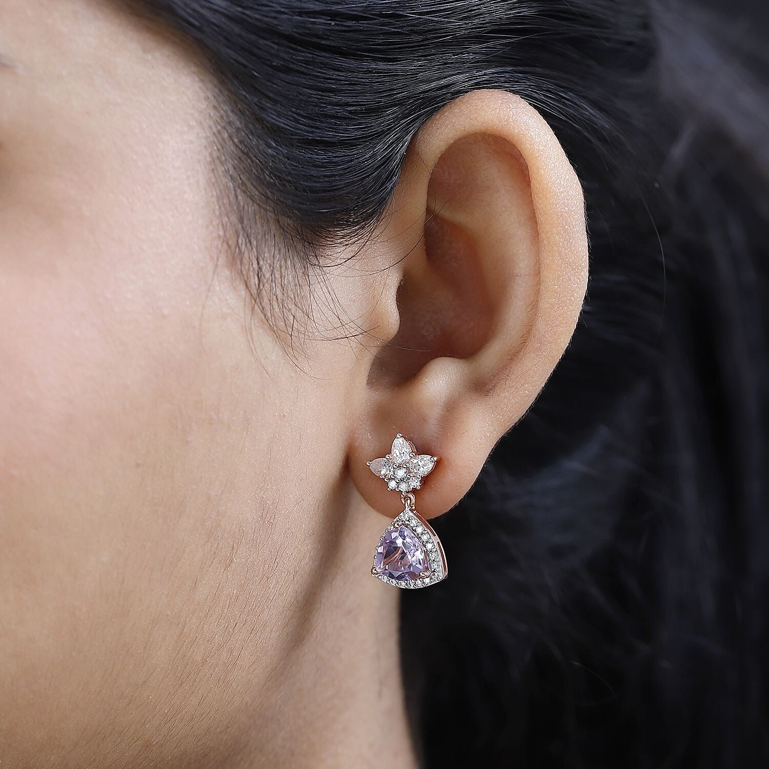 Rose De France Amethyst and Moissanite Floral Statement Drop Earrings in Vermeil Rose Gold Over Sterling Silver 4.75 ctw