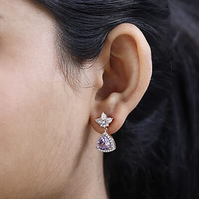Rose De France Amethyst and Moissanite Floral Statement Drop Earrings in Vermeil Rose Gold Over Sterling Silver 4.75 ctw