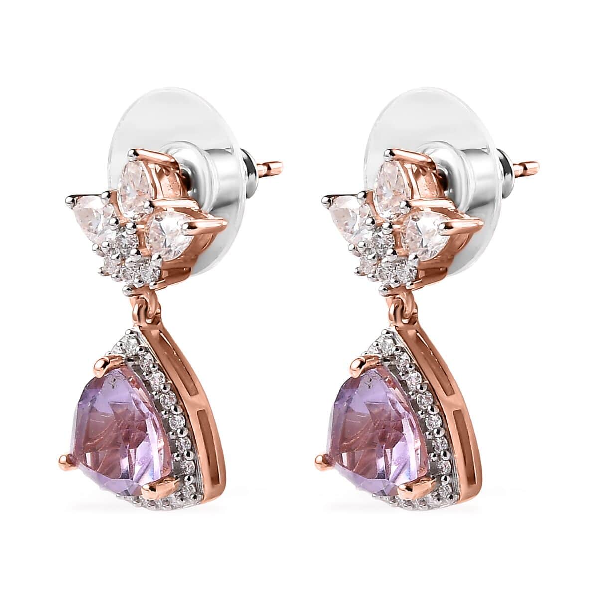 Rose De France Amethyst and Moissanite Floral Statement Drop Earrings in Vermeil Rose Gold Over Sterling Silver 4.75 ctw image number 4