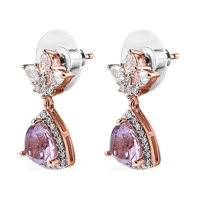 Rose De France Amethyst and Moissanite Floral Statement Drop Earrings in Vermeil Rose Gold Over Sterling Silver 4.75 ctw