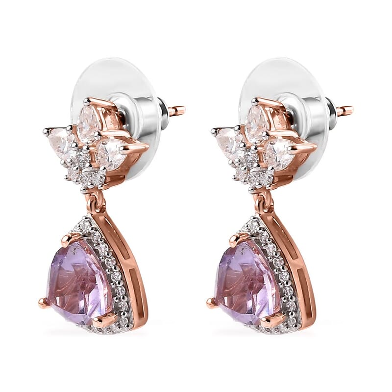 Rose De France Amethyst and Moissanite Floral Statement Drop Earrings in Vermeil Rose Gold Over Sterling Silver 4.75 ctw