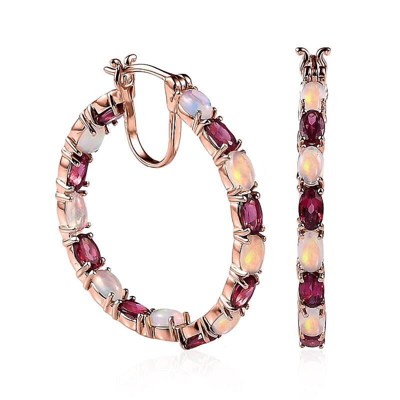 Tanzanian Rhodolite Garnet and Ethiopian Welo Opal Inside Out Hoop Earrings in Vermeil Rose Gold Over Sterling Silver 6.75 ctw