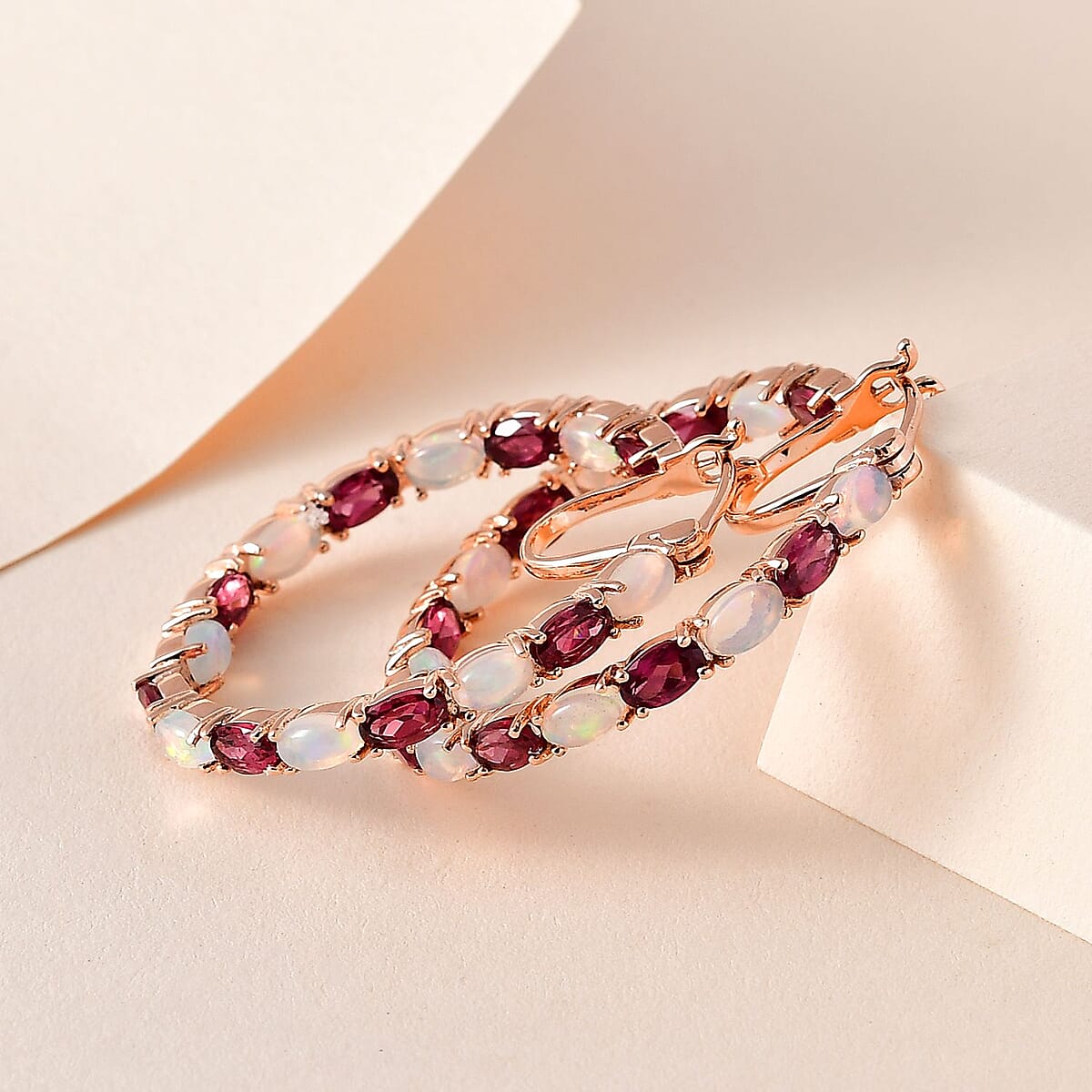 Tanzanian Rhodolite Garnet and Ethiopian Welo Opal Inside Out Hoop Earrings in Vermeil Rose Gold Over Sterling Silver 6.75 ctw image number 1