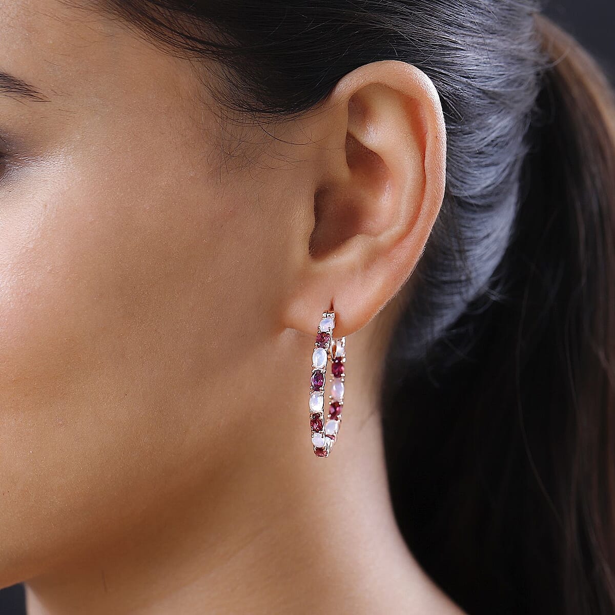 Tanzanian Rhodolite Garnet and Ethiopian Welo Opal Inside Out Hoop Earrings in Vermeil Rose Gold Over Sterling Silver 6.75 ctw image number 2