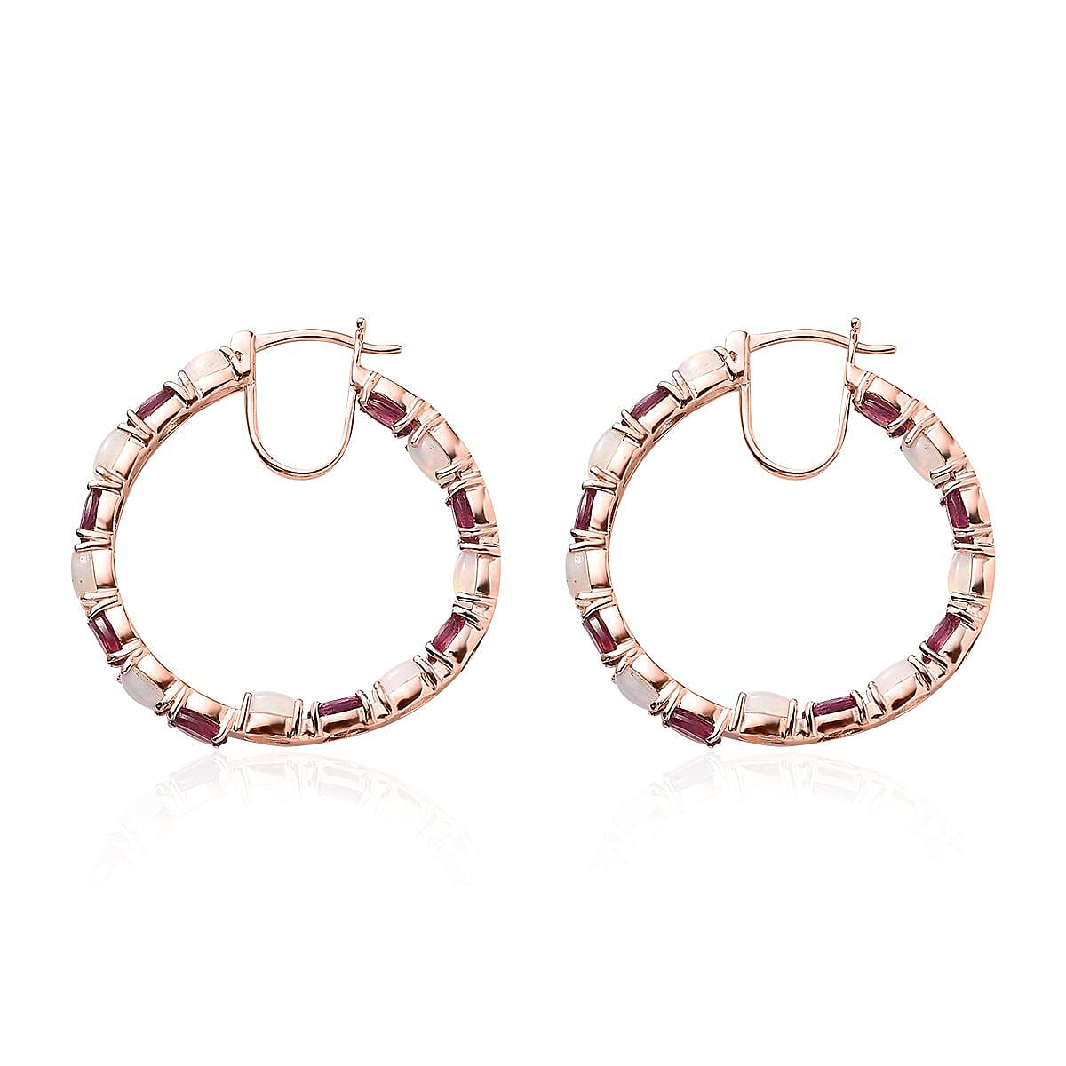Tanzanian Rhodolite Garnet and Ethiopian Welo Opal Inside Out Hoop Earrings in Vermeil Rose Gold Over Sterling Silver 6.75 ctw image number 3