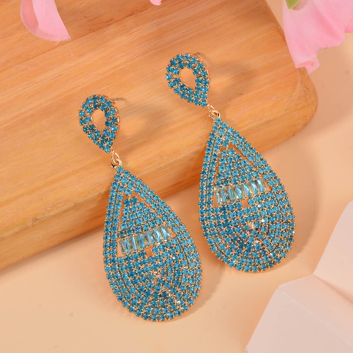 Blue Austrian Crystal Geometrical Earrings in Goldtone image number 1