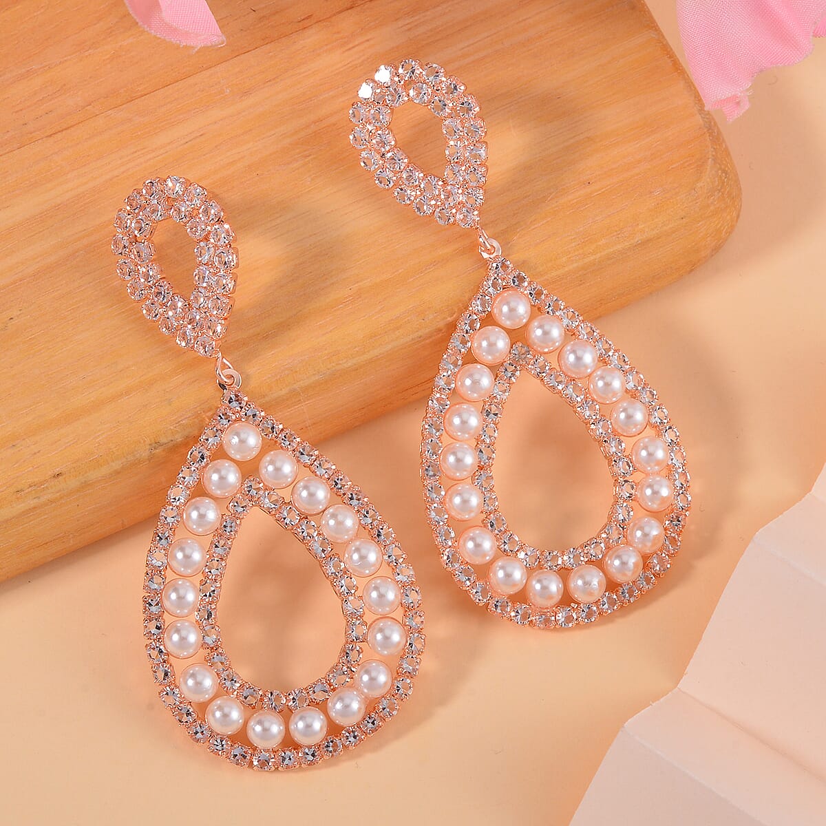 Simulated Pearl and Austrian Crystal Earrings in Rosetone image number 1