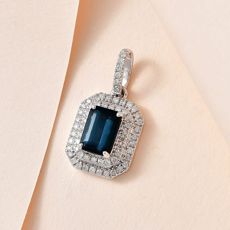 Luxoro 14K White Gold AAA Monte Belo Indicolite and Diamond G-H I3 Pendant 1.15 ctw