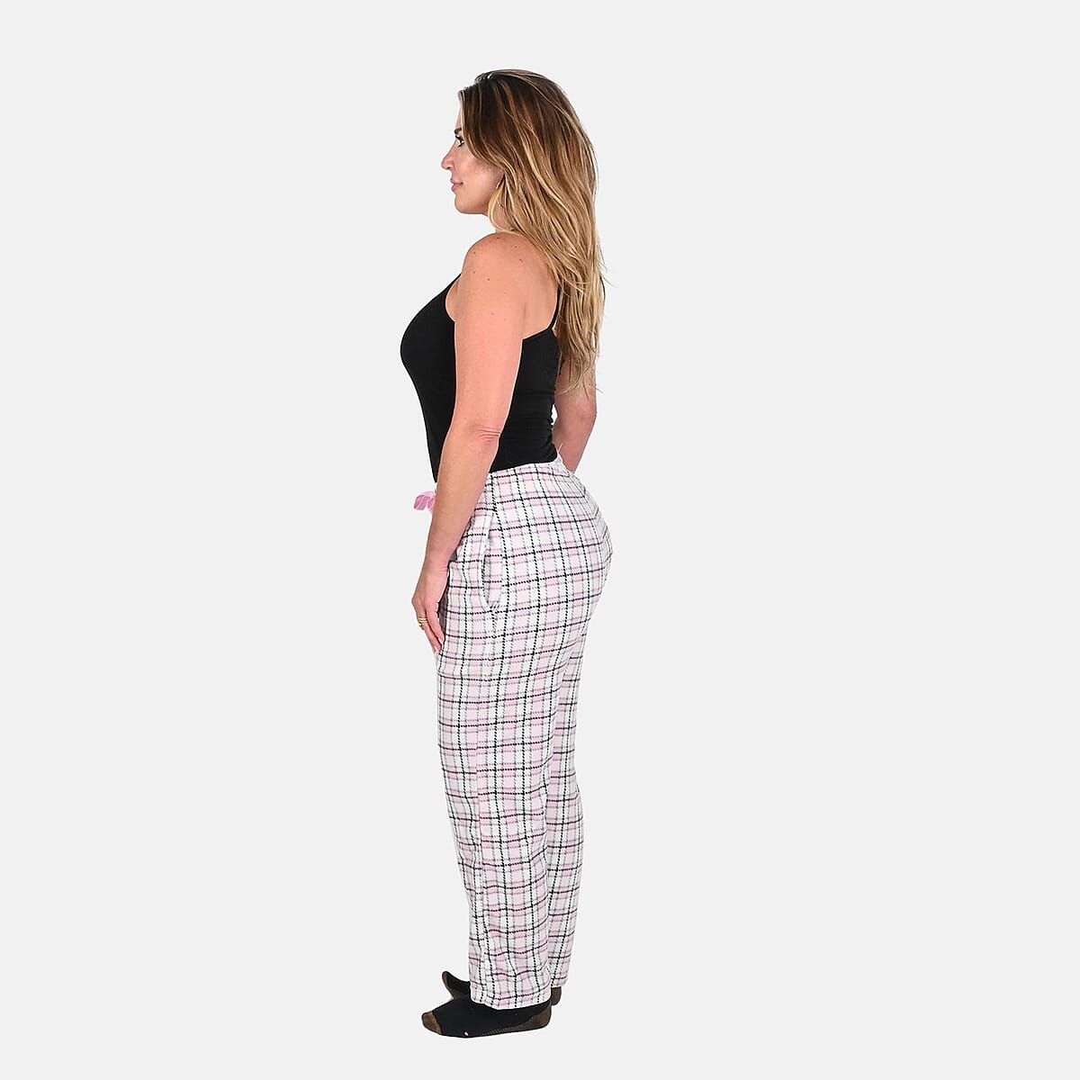 Victory Sportswear Pink and White Plaid Pattern Microfleece Lounge Pants - L image number 2