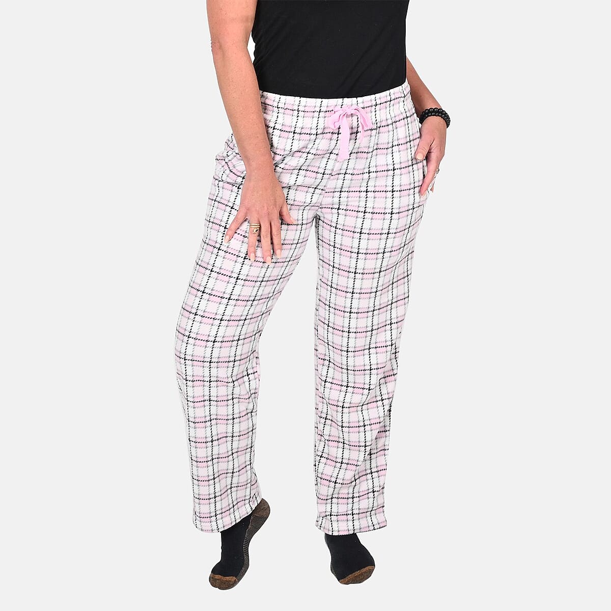 Victory Sportswear Pink and White Plaid Pattern Microfleece Lounge Pants - L image number 3