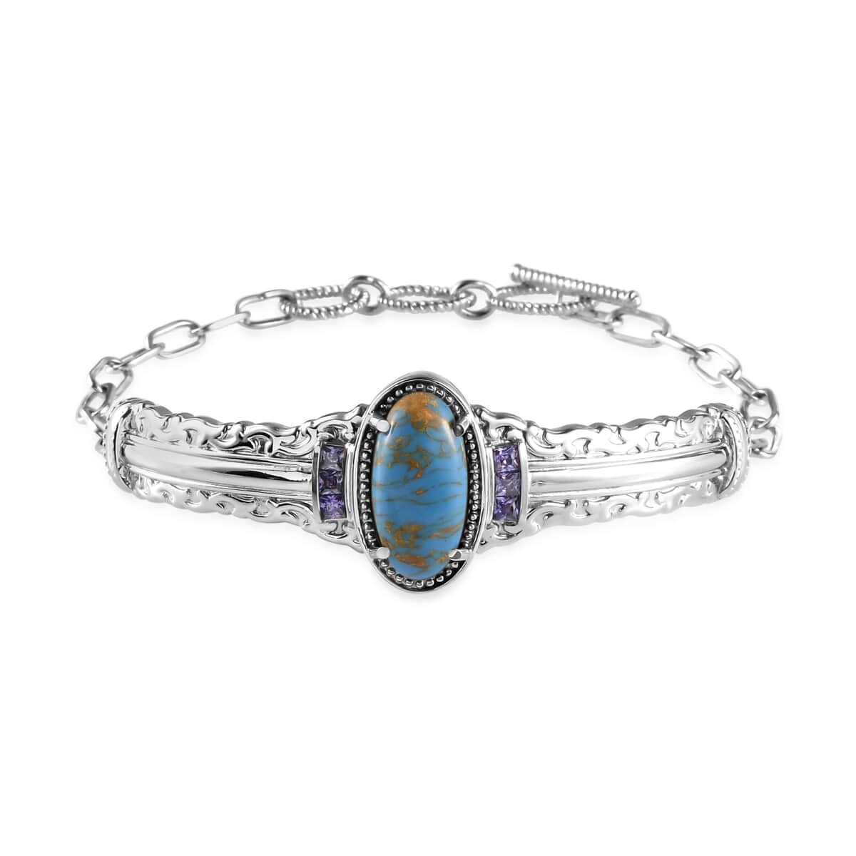 Karis Mojave Blue Turquoise and Simulated Amethyst Diamond Toggle Clasp Bracelet in Platinum Bond and Stainless Steel (7.25 In) 8.50 ctw image number 0