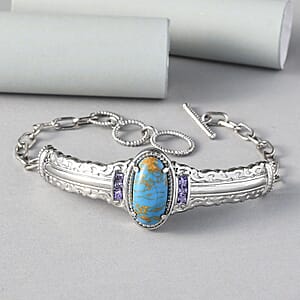 Karis Mojave Blue Turquoise and Simulated Amethyst Diamond Toggle Clasp Bracelet in Platinum Bond and Stainless Steel (7.25 In) 8.50 ctw