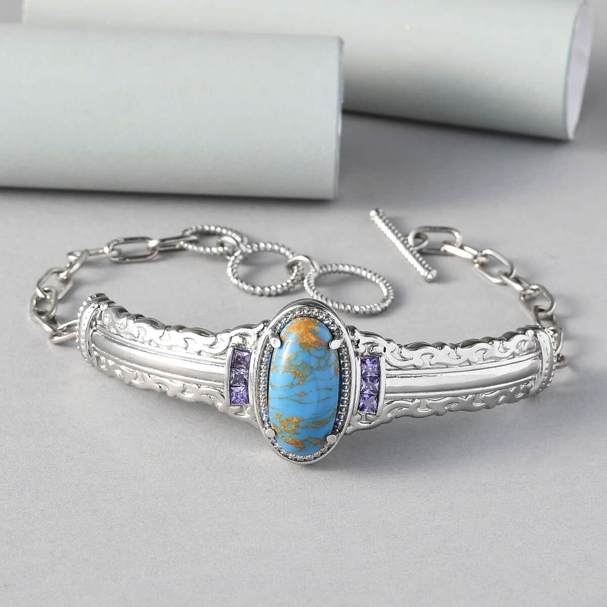 Karis Mojave Blue Turquoise and Simulated Amethyst Diamond Toggle Clasp Bracelet in Platinum Bond and Stainless Steel (7.25 In) 8.50 ctw image number 1