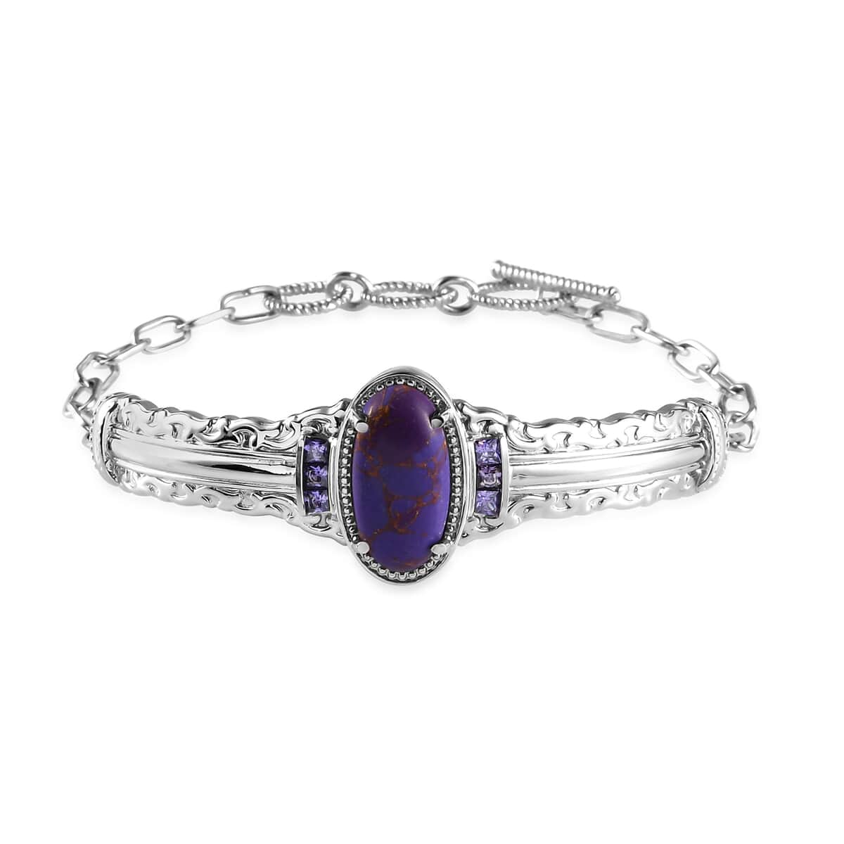 Karis Mojave Purple Turquoise and Simulated Purple Diamond Toggle Clasp Bracelet in Platinum Bond and Stainless Steel (7.25 In) 9.15 ctw image number 0