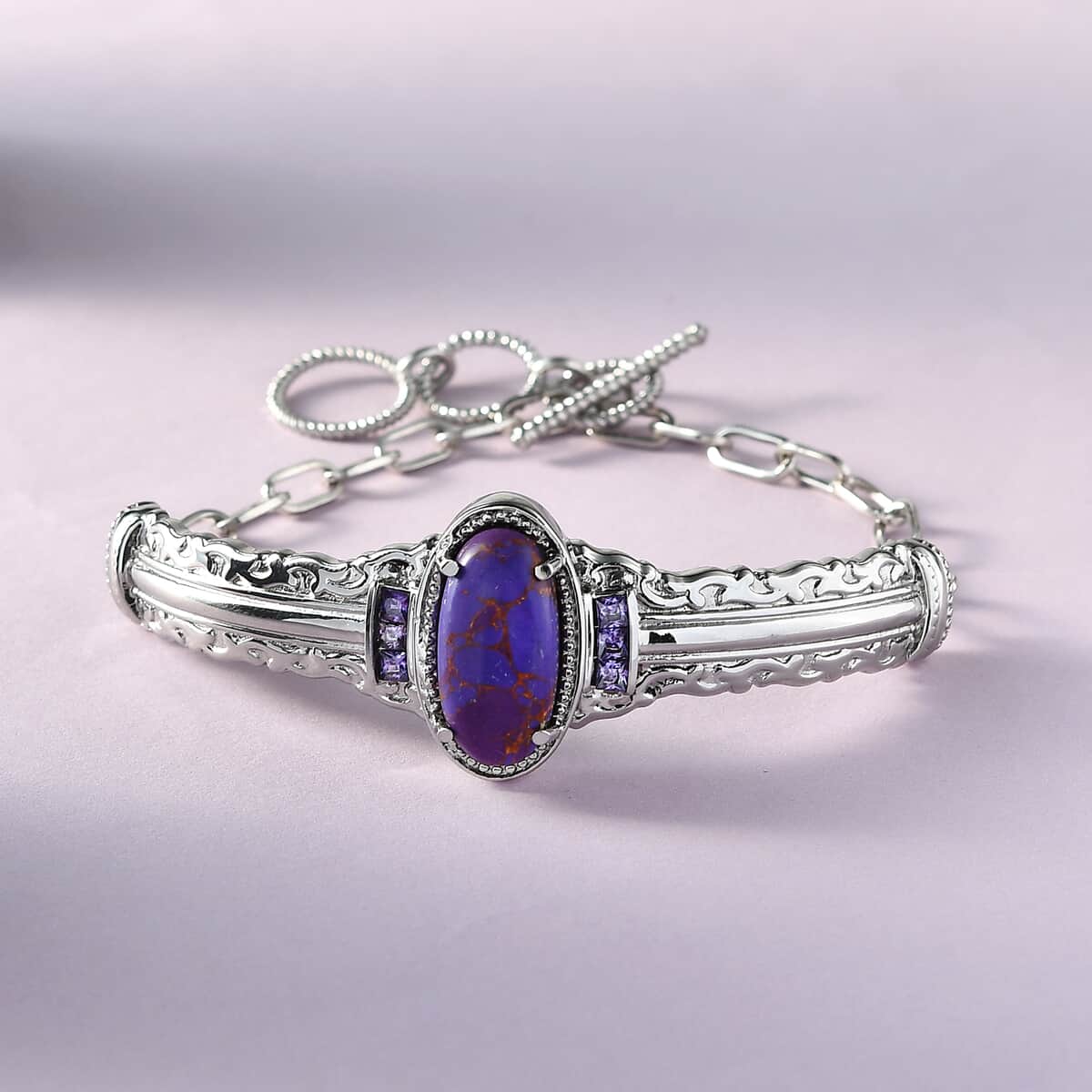 Karis Mojave Purple Turquoise and Simulated Purple Diamond Toggle Clasp Bracelet in Platinum Bond and Stainless Steel (7.25 In) 9.15 ctw image number 1