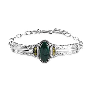 Karis African Malachite and Simulated Peridot Diamond Toggle Clasp Bracelet in Platinum Bond and Stainless Steel (7.25 In) 12.30 ctw