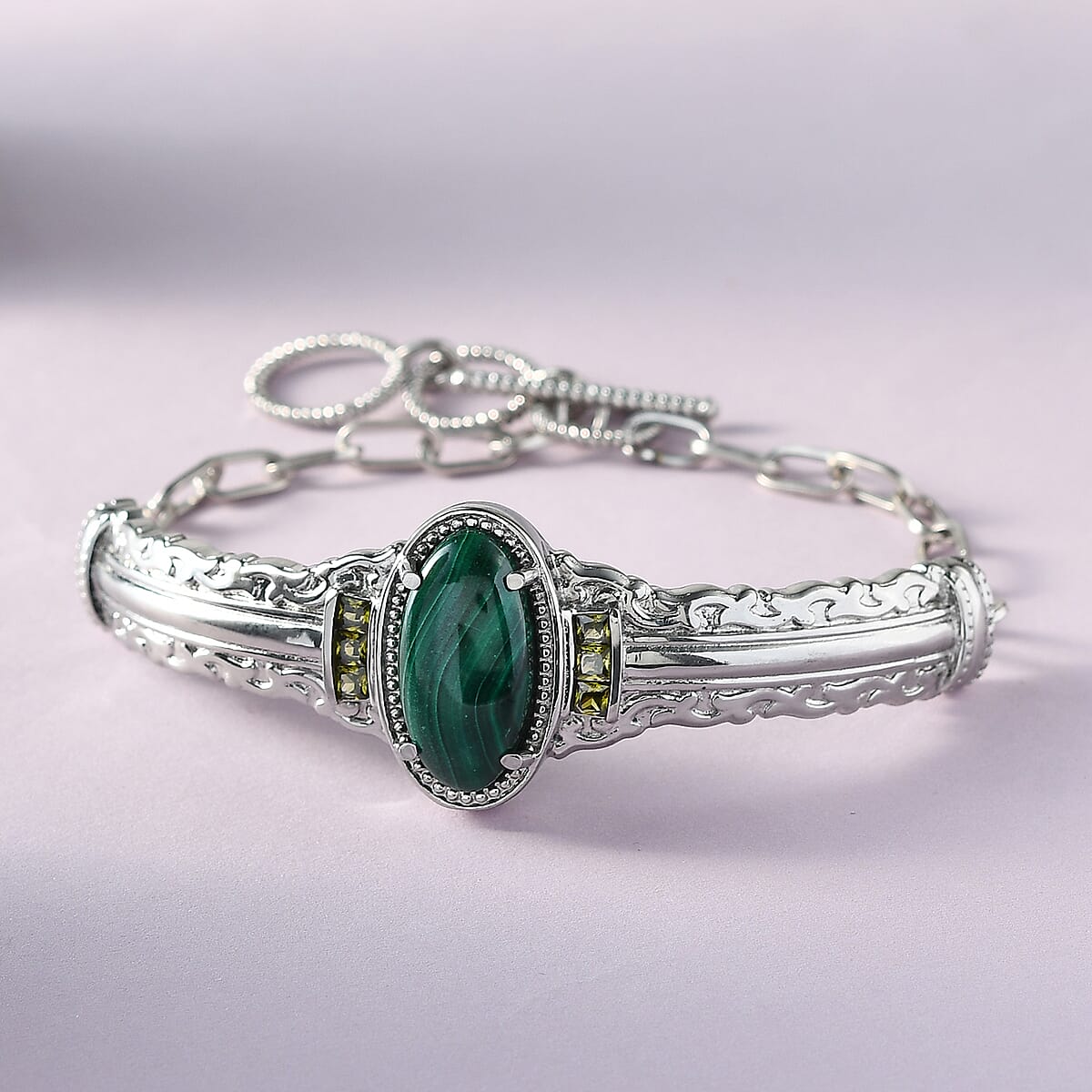 Karis African Malachite and Simulated Peridot Diamond Toggle Clasp Bracelet in Platinum Bond and Stainless Steel (7.25 In) 12.30 ctw image number 1