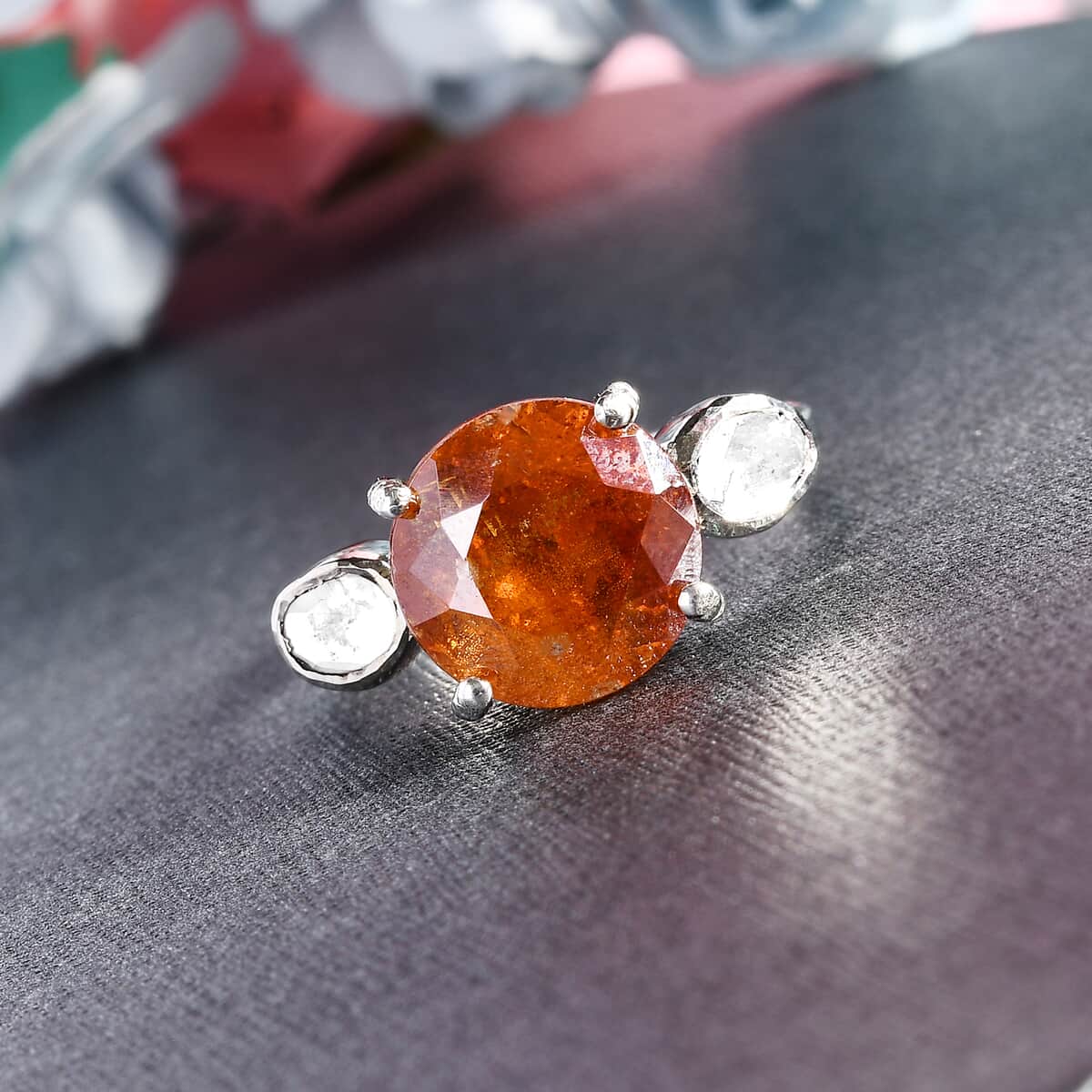 Picos Altos Light Orange Sphalerite and Polki Diamond Ring in Platinum Over Sterling Silver (Size 6.0) 5.35 ctw image number 1