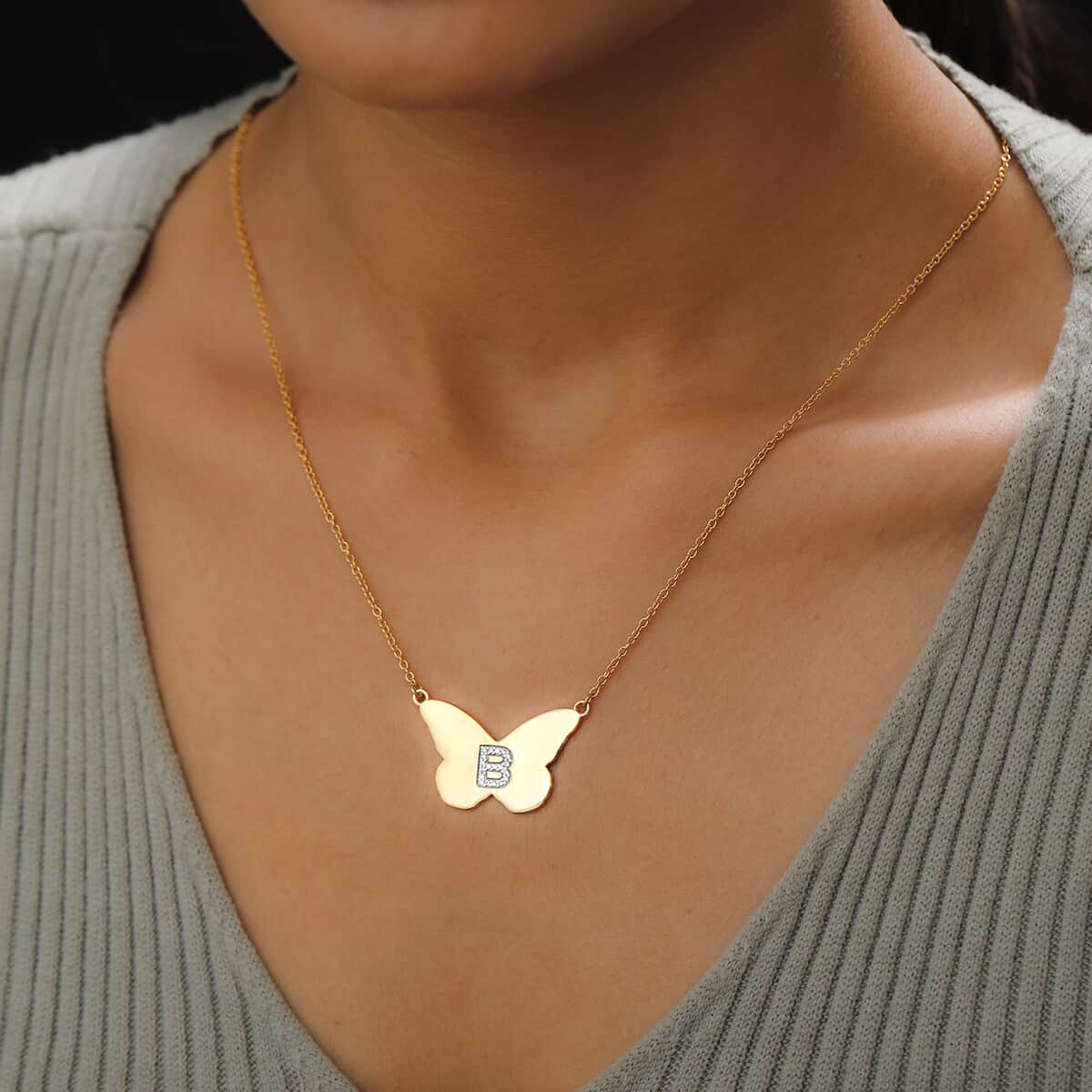 KARIS Zircon Butterfly Initial B Necklace (18 Inches) in 18K YG Plated and ION Plated YG Stainless Steel 0.15 ctw image number 2